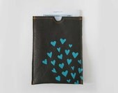 gadget accessories - kindle or iPad cozy - grey leather ipad cover with aqua hearts - customizable - made to order