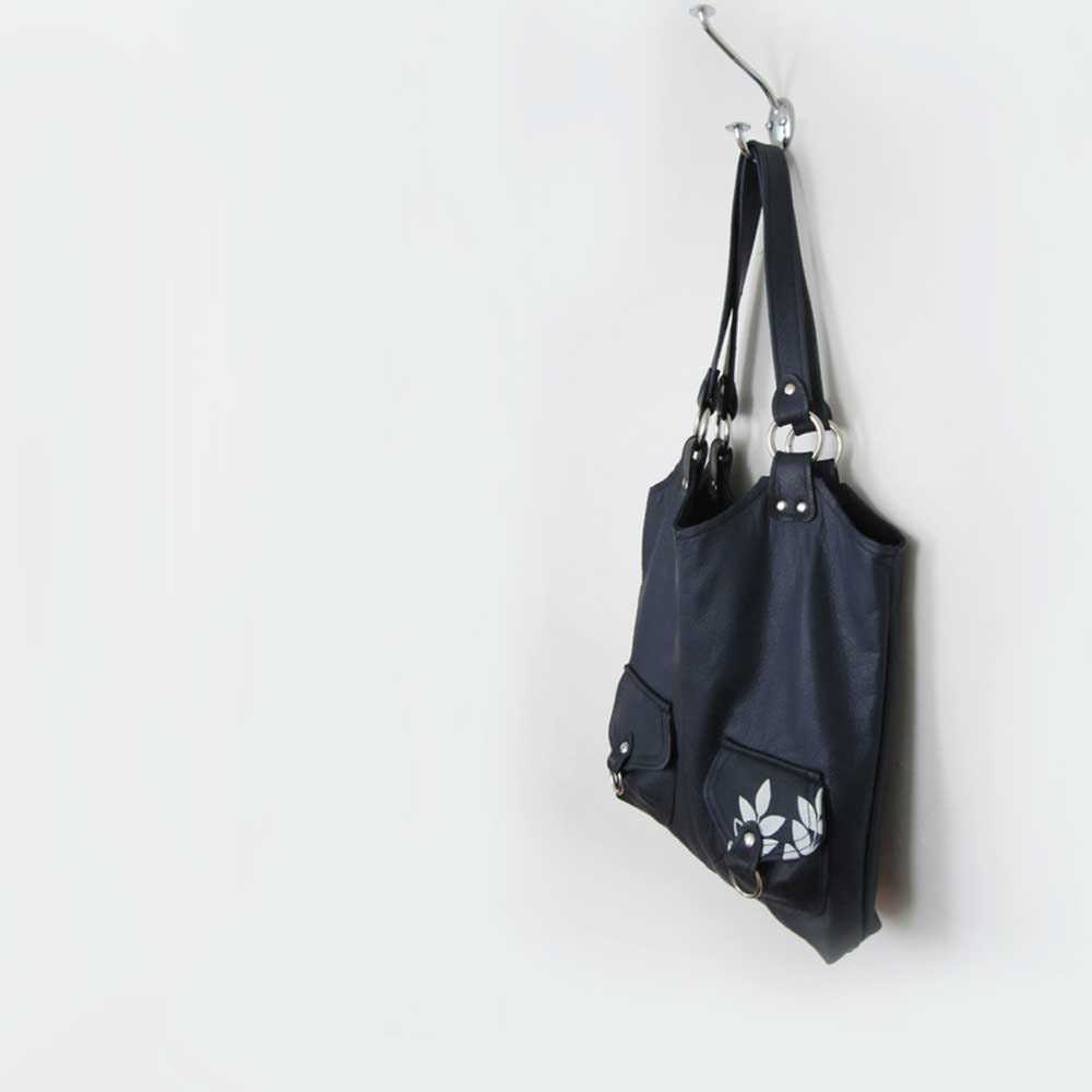 pocket tote - large leather tote with pockets - big leather bag - navy leather - customizable
