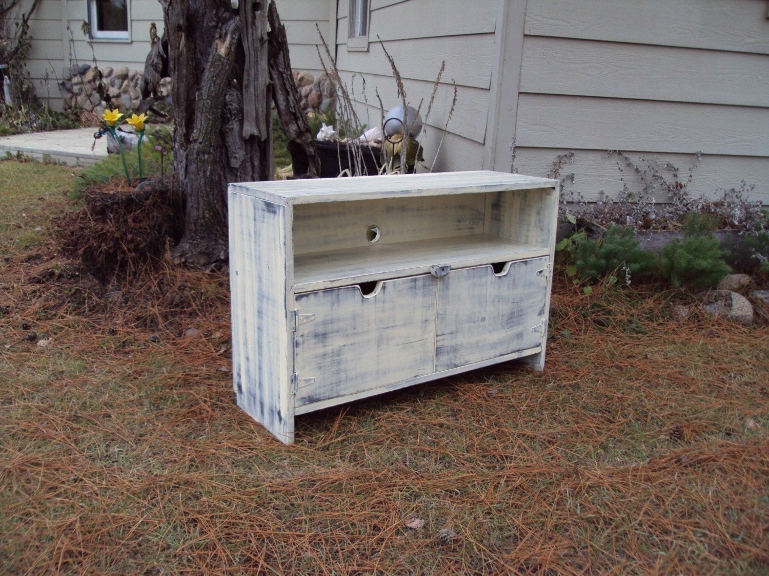 36 Inch Wide Storage bench TV Cabinet Shabby Chic Distressed Antique White over Black   Contemporary Primitive