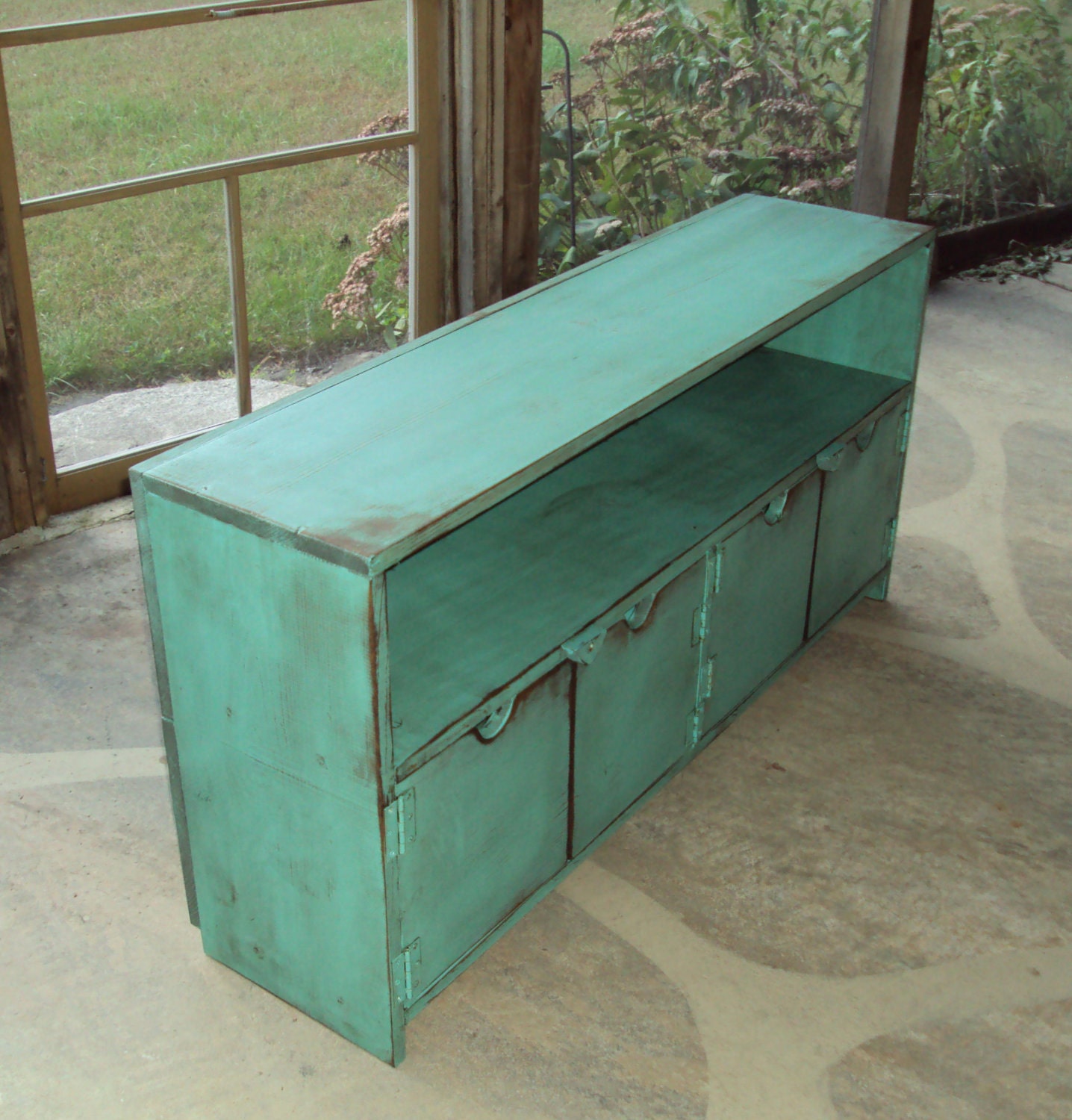 TV Cabinet Storage bench 48 Inch wide SHABBY CHIC Entertainment Center Heavily distressed Turquoise Primitive Wood Plazma Big Screen T V