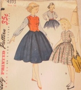 1950s Simplicity Pattern Girls Dress Vintage Vest Weskit, Peter Pan Collar 4393 Contrast Cuffs Vintage Home School Conservative Childs dress