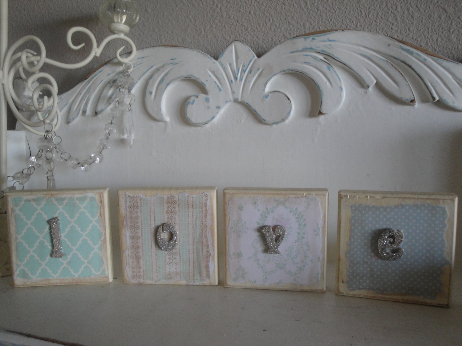 Shabby Chic  Wooden Blocks....LOVE....German Glass Glitter...Antiqued