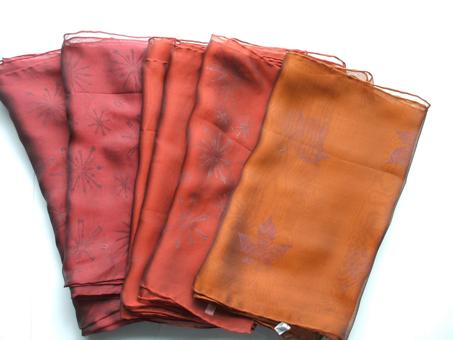 Handprinted, Iridescent Silk Chiffon Scarf, 17 x 72 inches - Red Russet series