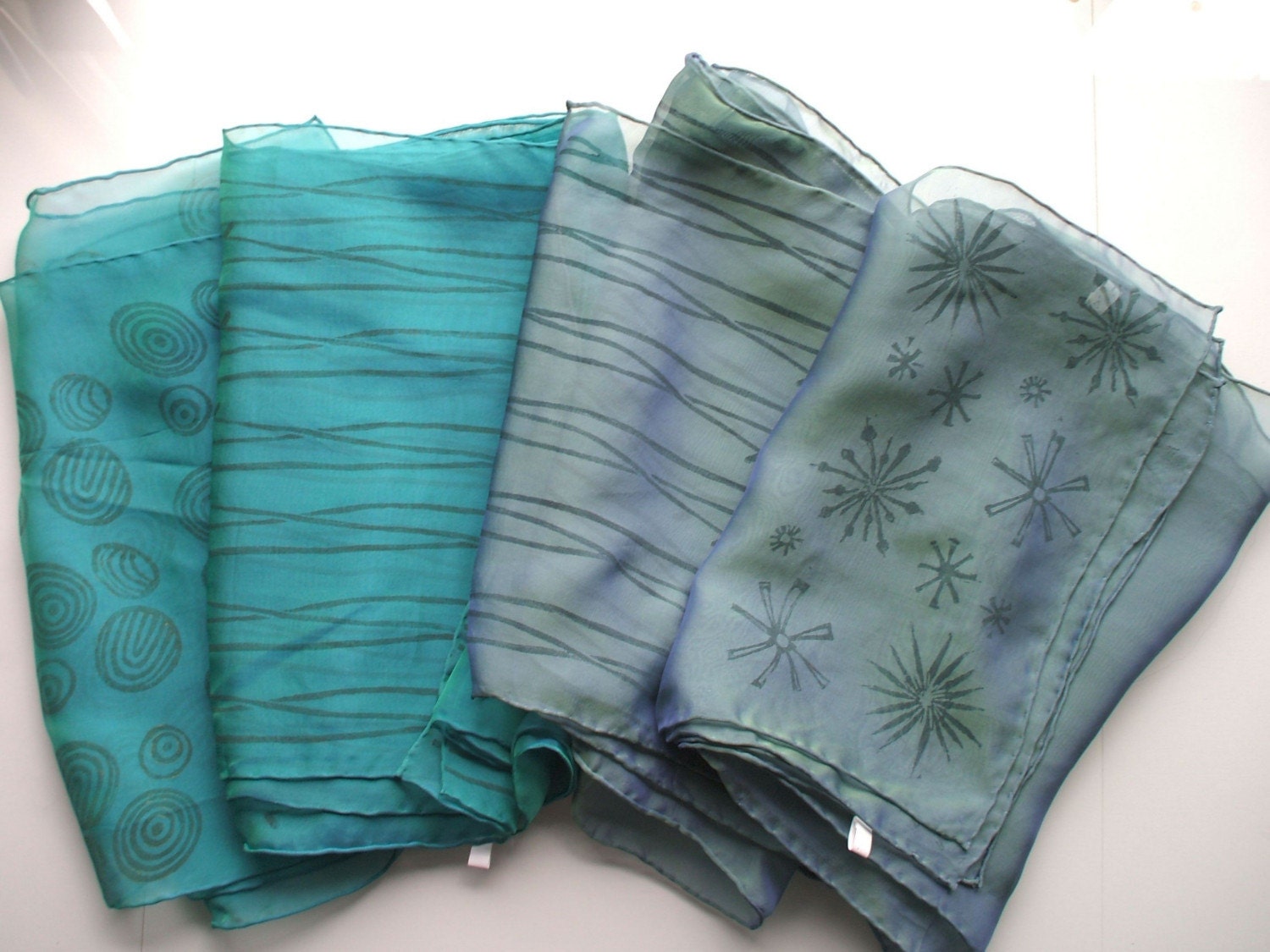 Handprinted, Iridescent Silk Chiffon Scarf - Blue Green series - 17" x 72" long scarf