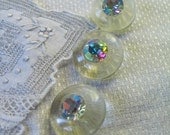 Glass Rhinestone Buttons Set in Clear Acrylic Set of 3  Opalescent Green
