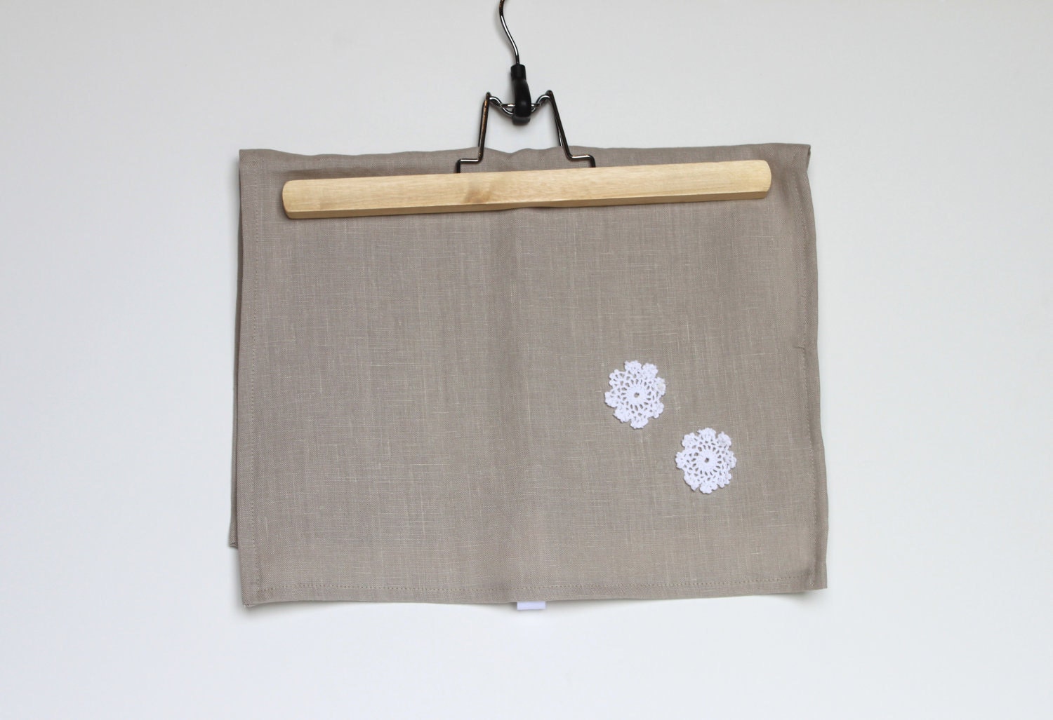 Linen Tea Towel.  Floral Doily Appliqued Towel.  Kitchen. Foodie. For Her.  Linen.  Cotton Crocheted Flower.  Upcyled. Hostess Gift.