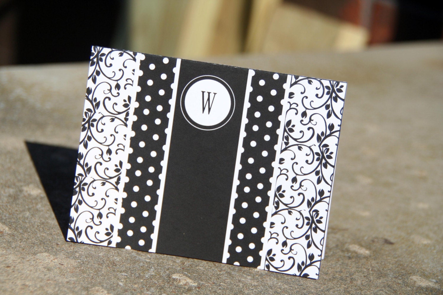 12 A2 Black And White Personalized Flower Damask Notecard Set