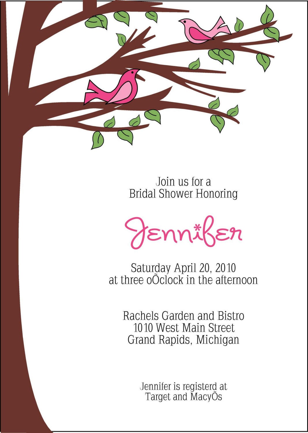 Pink and Green Bird Bridal Shower Invitation