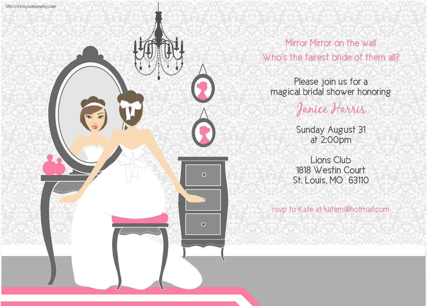 Exclusive FACES COLLECTION Modern Stylish Shabby Chic Gray and Pink Beautiful Chandelier Bridal Shower Invitation