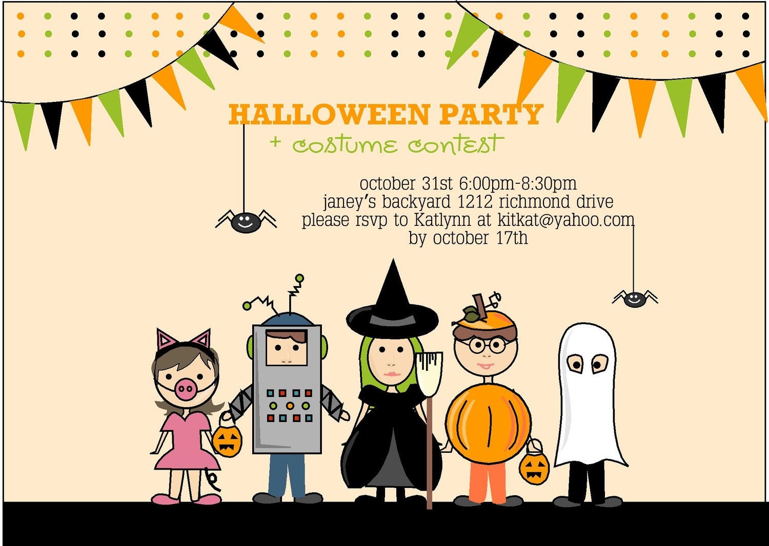 Adorable Orange Black and Green Witch, Ghost, Pig, Robot, Pumpkin Halloween Costume Party Invitation