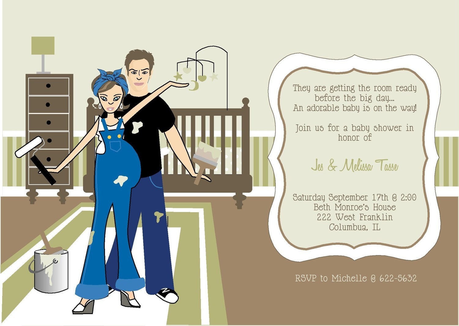 Exclusive FACES COLLECTION Stylish Modern and Chic Pregnant Couple Decorating the Nursery Baby Shower Invitation