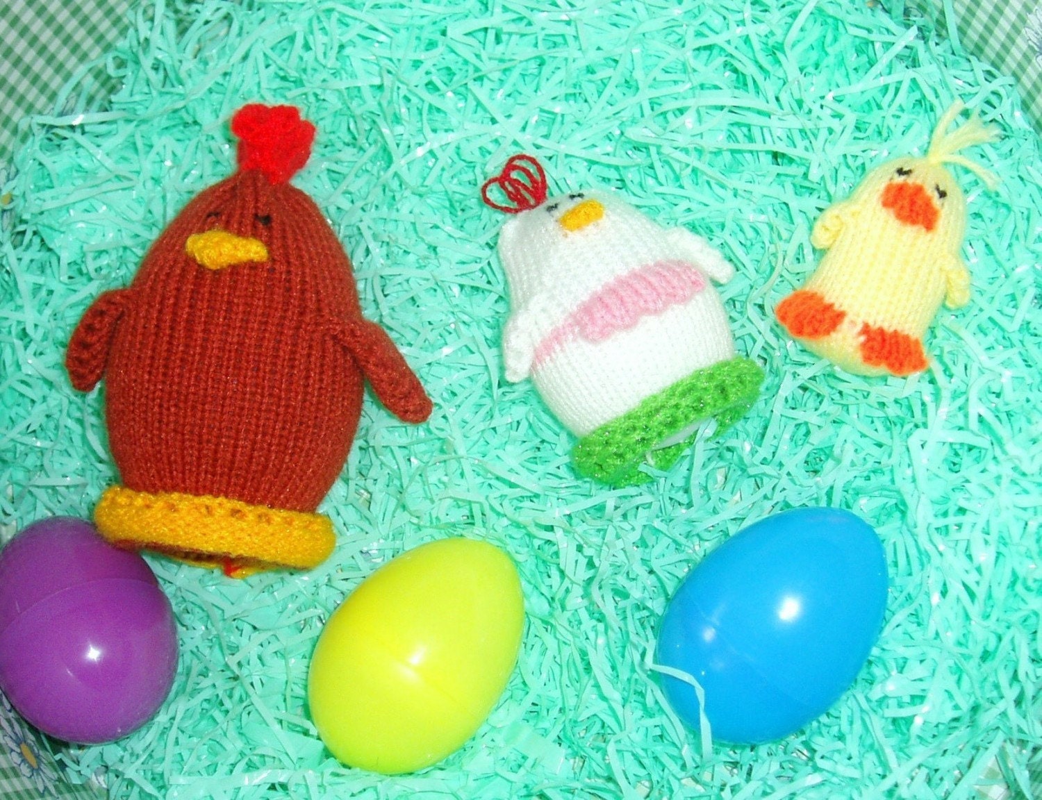 Nesting Chicken Egglet Family  (Includes Papa Rooster, Mother Hen, and Baby Chick.)