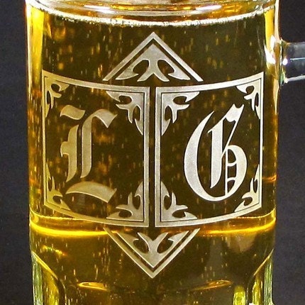 2 Monogrammed Beer Mugs Etched Glass Beer Steins