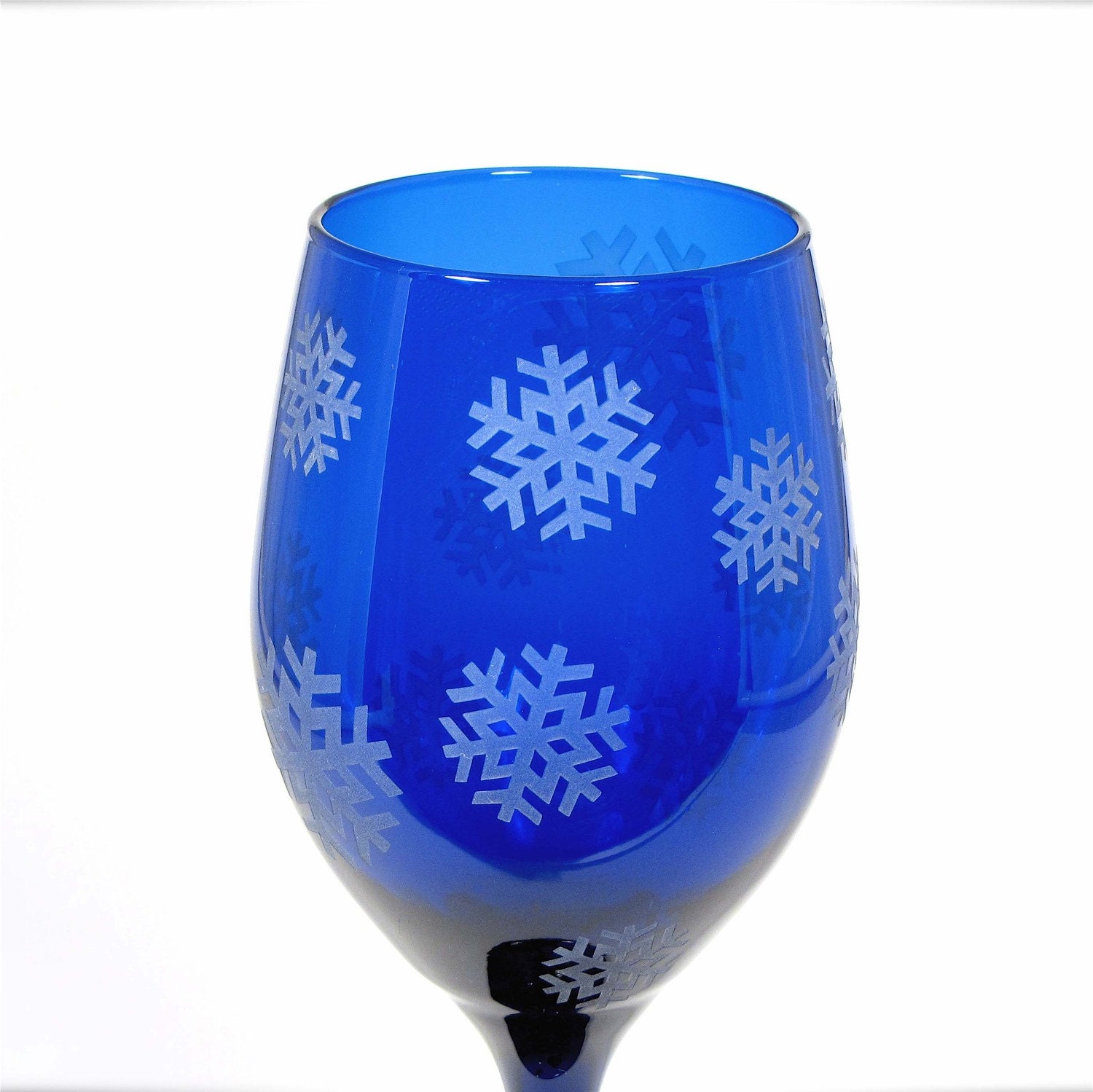 Winter Wedding Wine Glasses, Cobalt Blue Snowflake Wine Glasses, Etched Glass