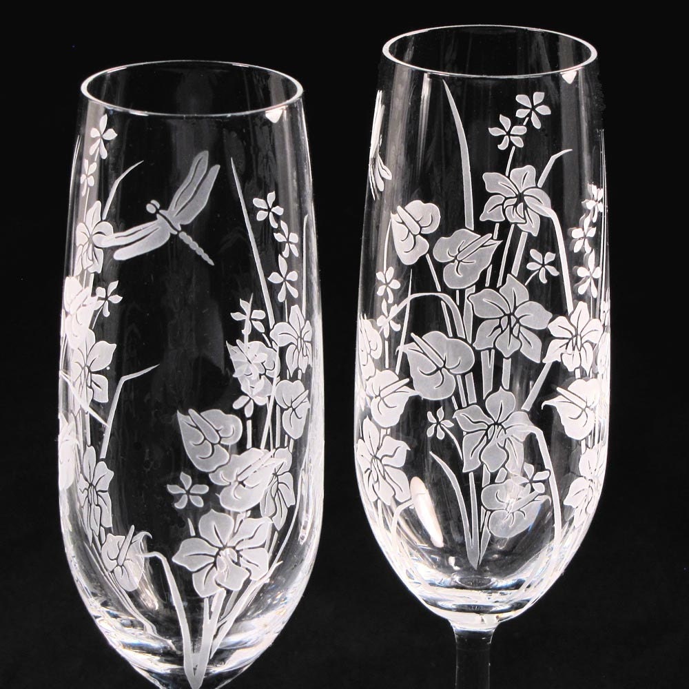 Wedding Champagne Flutes, Fine Crystal Champagne Glasses with Tropical Flowers