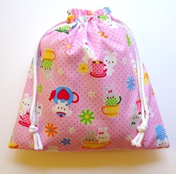 Pink Bunny Tea Party Knitting / Crafting / Gift Bag - Memorial Day Clearance