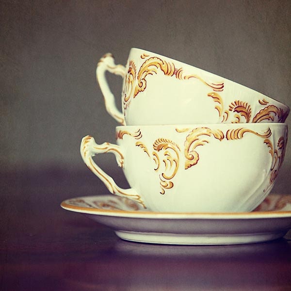 Still Life Tea Cup Photograph - gold yellow white cream purple green grey vintage style image - Two Cups - 4x4