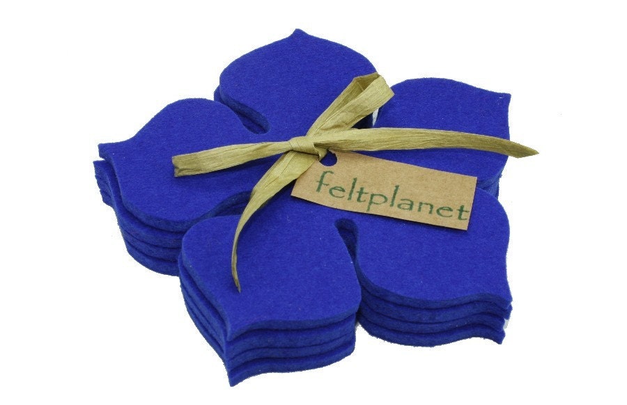 Flower Power Felt Coasters in 5MM Thick Virgin Merino Wool Felt- Royal Blue