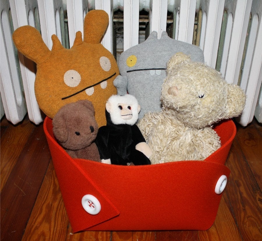 XL Felt Fabric Basket in 5mm Thick Virgin Merino Wool Felt, ORANGE