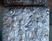 Metal Trinket or Cigarette Box, 1950s Japan, Medieval or Renaissance Scenes, Cedar Lined, Ornate Jewelry Box, Rococco, Shabby Chic,