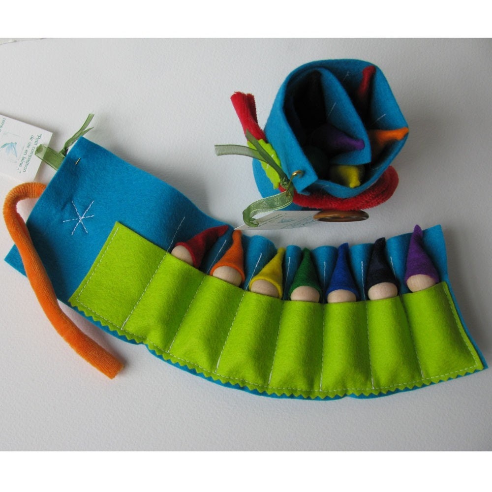 Waldorf toys - Travelling roll-up rainbow gnome -