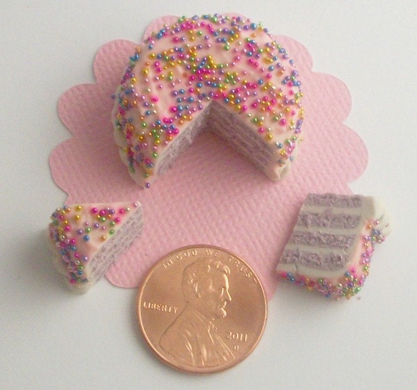 Miniature Lilac Cake with Pink Icing and Rainbow Sprinkles with 2 slices cut, Great for Fashion Dolls or a Dollhouse