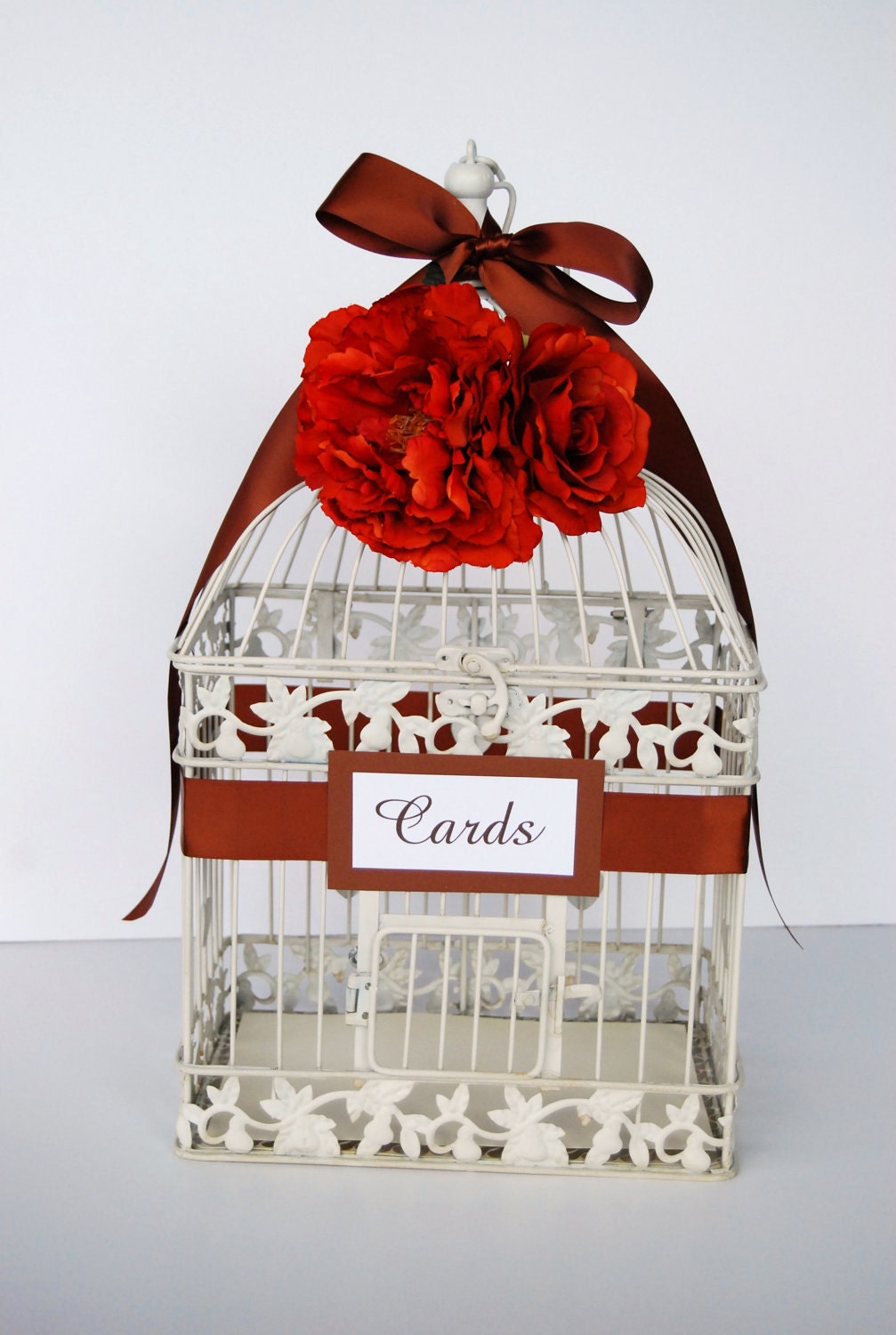 LARGE Custom Bird Cage Wedding Card Holder - Orange and Brown (Customizable To Match Your Wedding Colors)