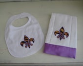 Appliqued Tiger Fleur De Lis Onesie, Bib and Burp Cloth Set