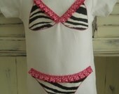 Appliqued Bikini Onesie with Zebra Print and Hot Pink Ribbon Trim