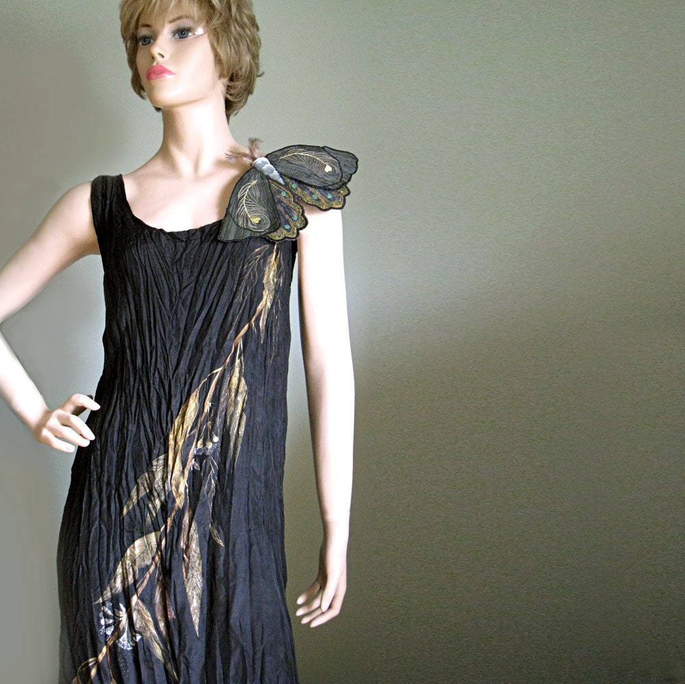Silk hand painted dress with moth brooch