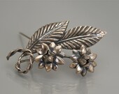 Vintage Sterling Leaf Brooch . 2 Flowers . Unique 1940s .
