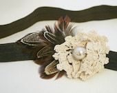 vintage lace and feathers elastic headband