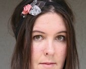 SALE-coral rose elastic headband with gray velvet leaves