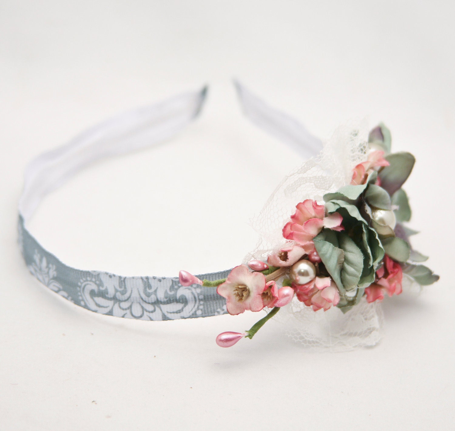Ribbon and flower headband for women, in pink and gray plue