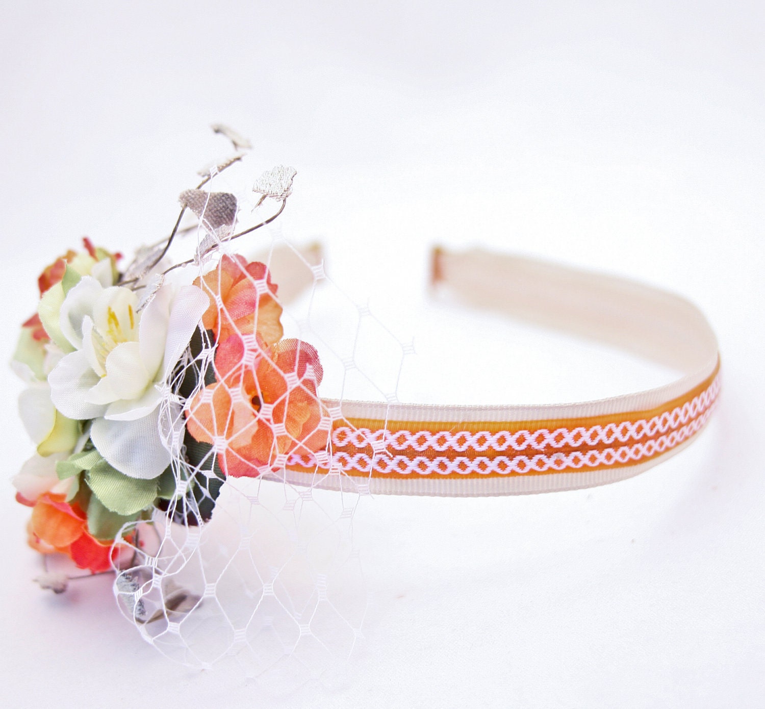 Spring flowers headband in coral and green, headbands for women and weddings
