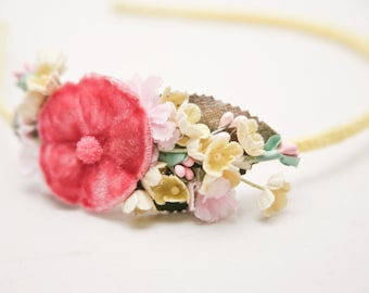 Yellow and Pink Vintage flower headband, headbands for women, wedding hair