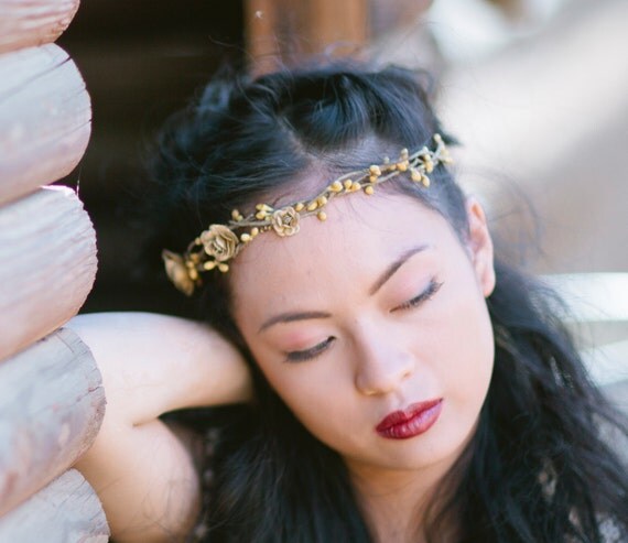wedding tiara, Rustic bridal wreath in gold and mustard with ribbon ties, woodland wedding