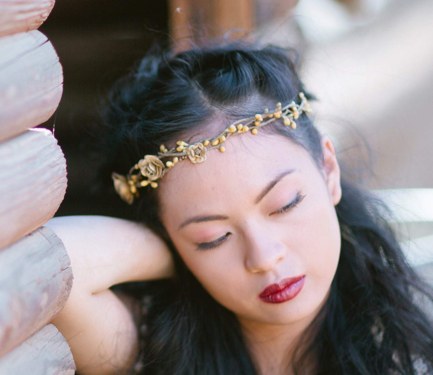 wedding tiara, Rustic bridal wreath in gold and mustard with ribbon ties, woodland wedding
