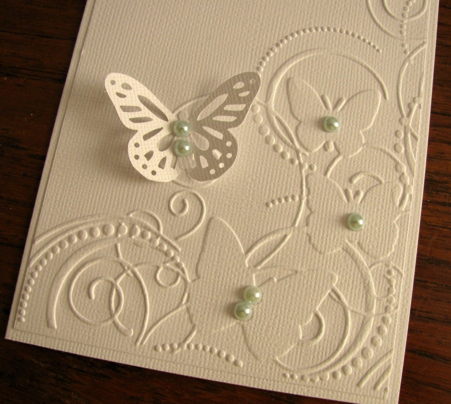 Embossed Butterflies on White Linen Card. Mothers Day. Large Monarch Butterfly. Pearls. A2 Size. Made to Order