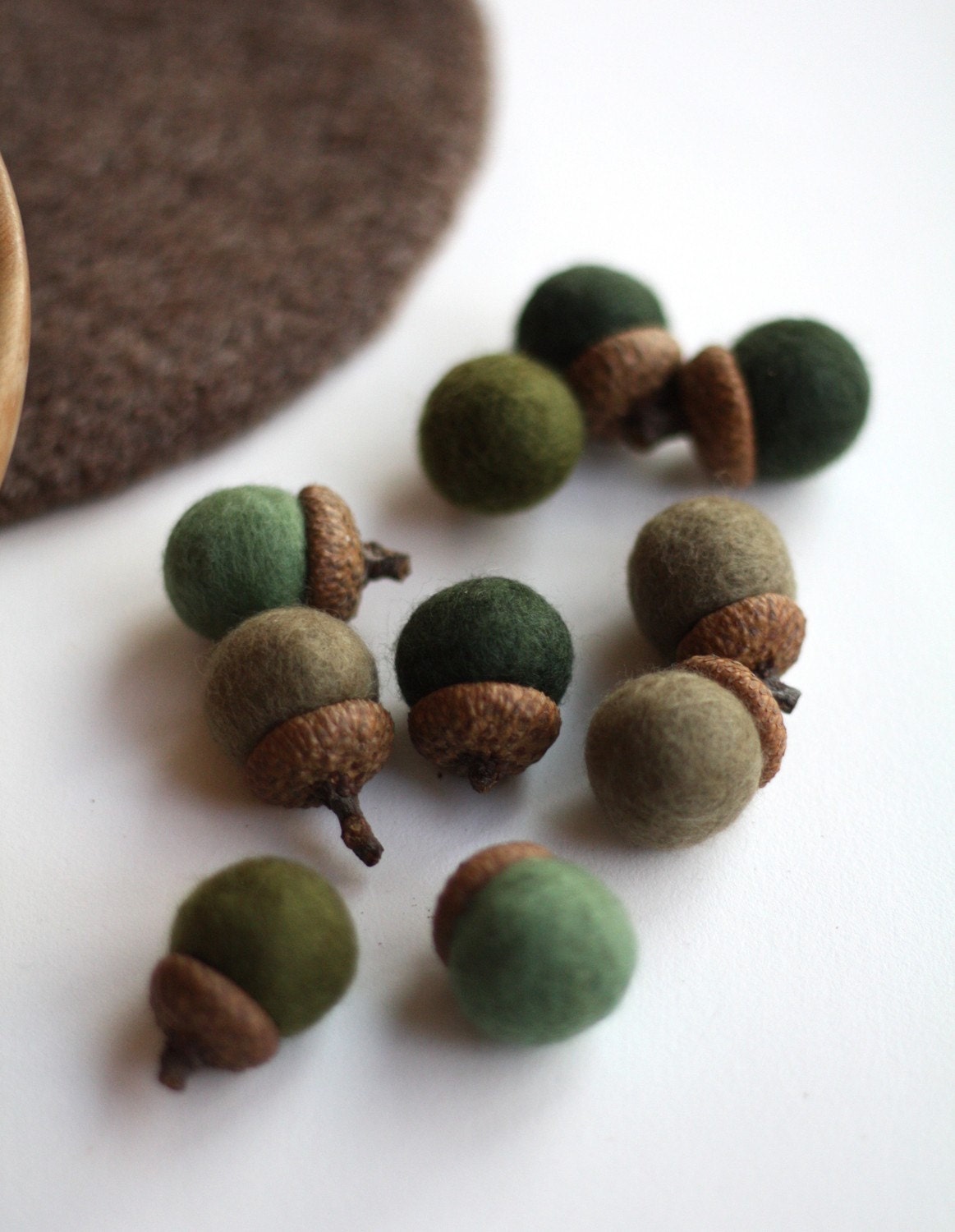 Felted Acorns - set of 10 in greens