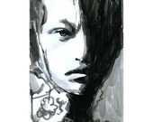 Model in black and white Fashion Illustration Portrait Print Drawing Fine Art Hand Signed ink original watercolor mixed media face1/100