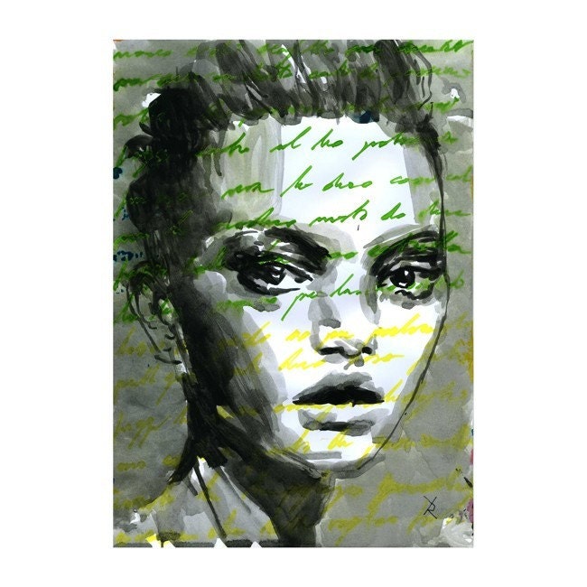 Girl Fashion Print watercolor Illustration mixedmedia Fine Art Hand Signed ink original watercolor mixed media green 4/100 L.E.