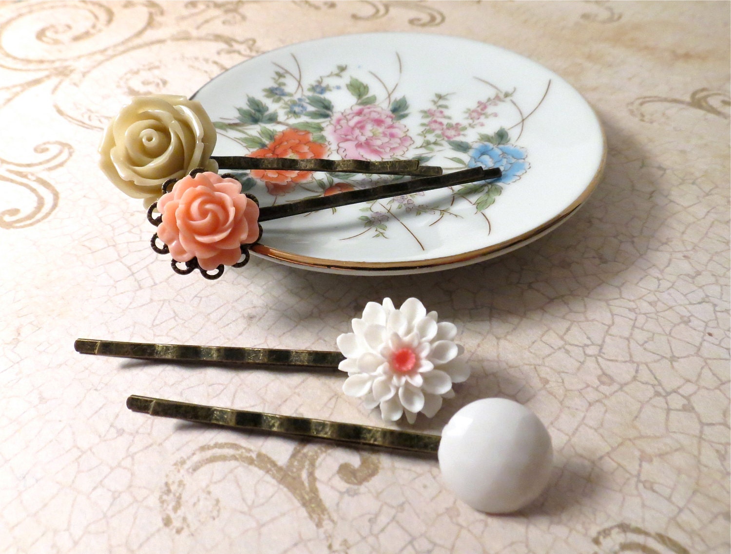 Neutral Flower Hairpins / Bobbypins : light brown, peach pink, white - Summer SALE 20% off