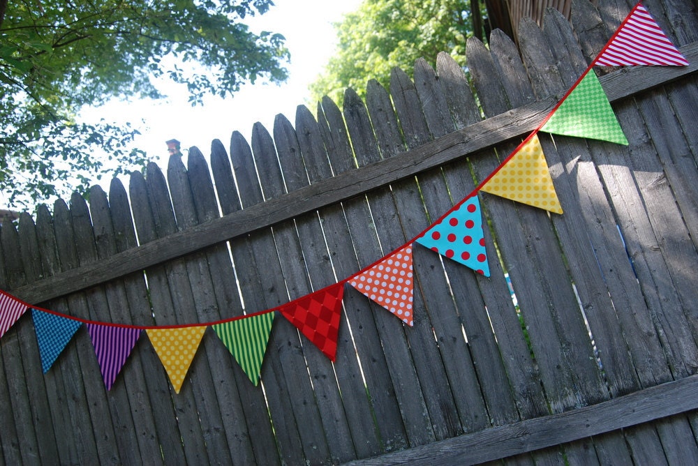 CUSTOM FOR JULIE -- Set of 4, Carnival Birthday Banner, Circus Bunting, Party Flags, Photo Prop - red, yellow, blue, green, orange fabric
