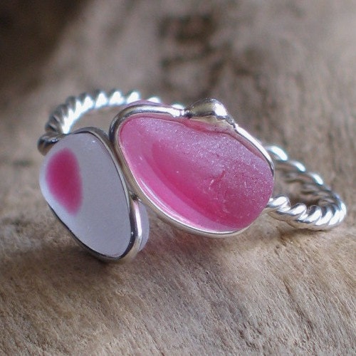 Natural Sea Glass Sterling Silver Ring Rare Pink Multicolor US 10 1/2 (387)