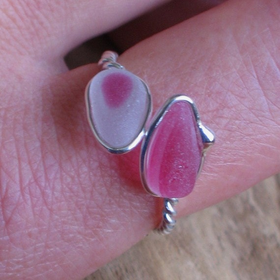 Natural Sea Glass Sterling Silver Ring Rare Pink Multicolor US 10 1/2 (387)