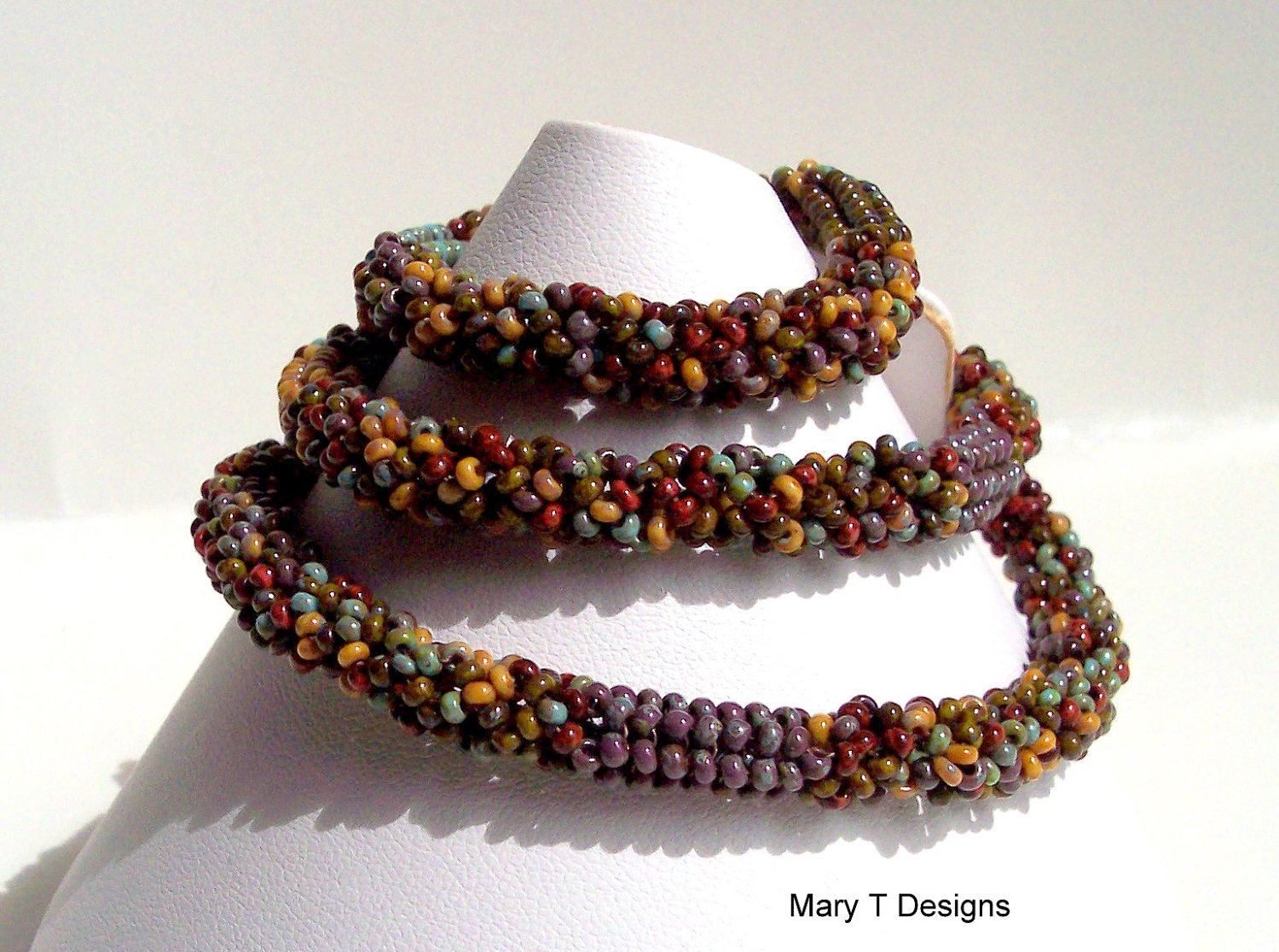 Netted Picasso Seed Bead Necklace...EBW Team...Brown..Blue...Purple...Yellow...Gold...Netting...Herringbone...Antique Look