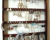 Jewelry Holder, Earring Organizer, Dark Mahogany, Oak, Wood, 20 Peg Necklace Bracelet Bars, Hanging, Ready To Ship. Holds 54-108 Pairs