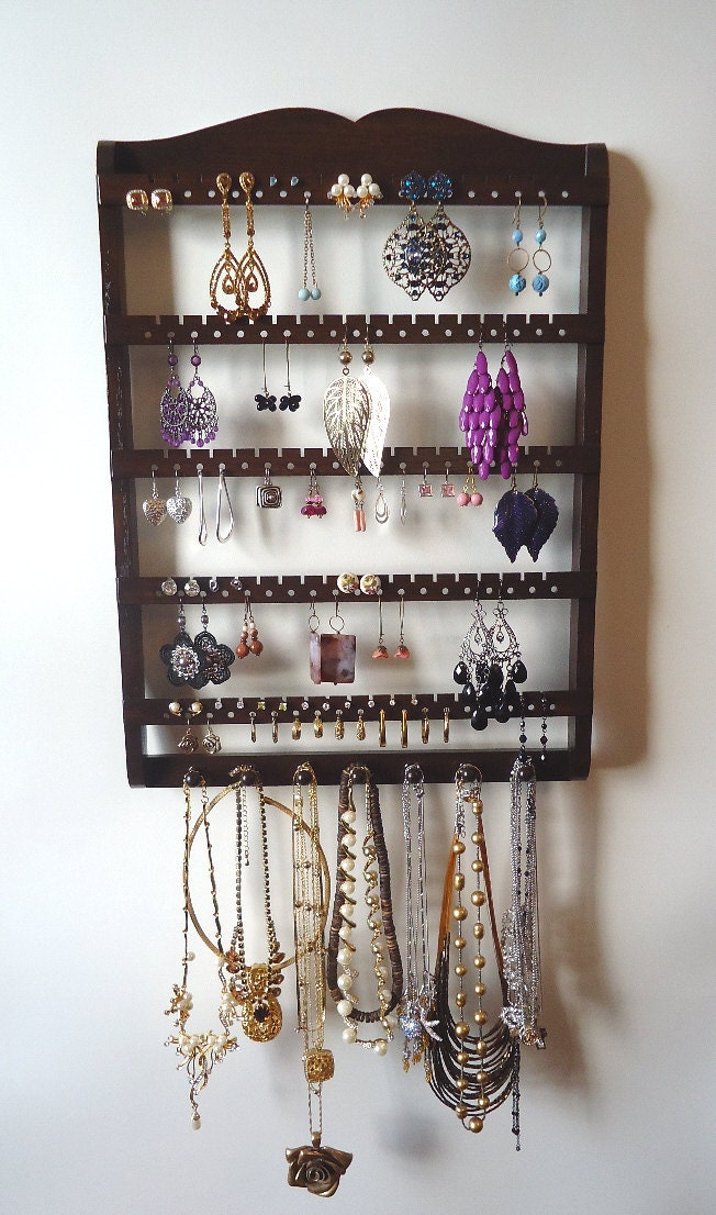 Earring Organizer, Jewelry Organizer, Boutique Quality & Design, 90-180 Pairs, 7 Peg Necklace Holder, Cocoa, Wood, SHIPS 9/10
