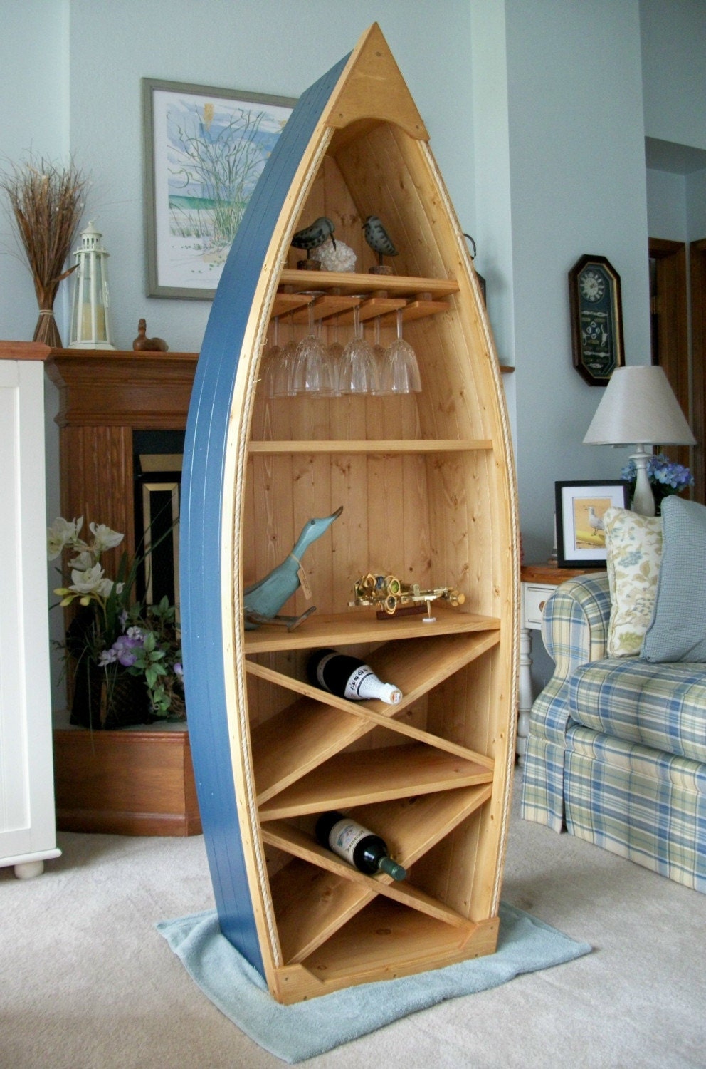 6 Ft Boat Wine Rack Glass Holder bookcase shelf canoe Hand crafted Knotty Pine bookshelf nautical furniture
